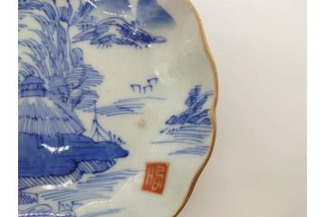 江戸後期〜幕末　伊万里　染付　山水図　約14cm　4.4寸　細やかな意匠が施された上品な雰囲気を高めるなます皿5枚セット(深皿、和皿、和食器、四寸四分)(R-072487)