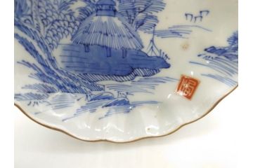 江戸後期〜幕末　伊万里　染付　山水図　約14cm　4.4寸　細やかな意匠が施された上品な雰囲気を高めるなます皿5枚セット(深皿、和皿、和食器、四寸四分)(R-072487)