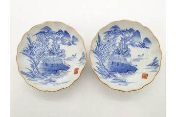 江戸後期〜幕末　伊万里　染付　山水図　約14cm　4.4寸　細やかな意匠が施された上品な雰囲気を高めるなます皿5枚セット(深皿、和皿、和食器、四寸四分)(R-072487)