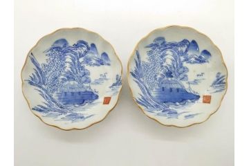 江戸後期〜幕末　伊万里　染付　山水図　約14cm　4.4寸　細やかな意匠が施された上品な雰囲気を高めるなます皿5枚セット(深皿、和皿、和食器、四寸四分)(R-072487)