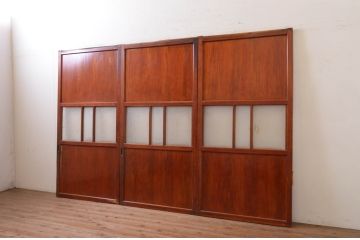 アンティーク建具　レトロな空間作りにおすすめなガラス帯戸3枚セット(引き戸、板戸)(R-072522)