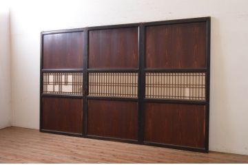 アンティーク建具　和の情緒を演出する障子帯戸3枚セット(引き戸、板戸、格子帯戸、障子戸)(R-072526)