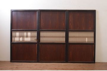 アンティーク建具　和の情緒を演出する障子帯戸3枚セット(引き戸、板戸、格子帯戸、障子戸)(R-072526)