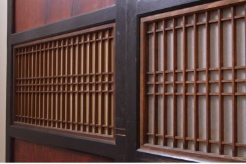 アンティーク建具　和の情緒を演出する障子帯戸4枚セット(引き戸、板戸、格子帯戸、障子戸)(R-072527)