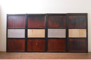 アンティーク建具　和の情緒を演出する障子帯戸4枚セット(引き戸、板戸、格子帯戸、障子戸)(R-072527)