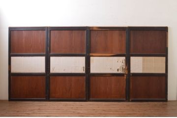 アンティーク建具　和の情緒を演出する障子帯戸4枚セット(引き戸、板戸、格子帯戸、障子戸)(R-072528)