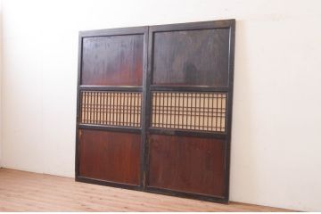 アンティーク建具　上品な和の趣を演出する障子帯戸2枚セット(引き戸、障子戸、格子帯戸)(R-072530)