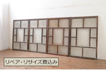 アンティーク建具　大正ロマン　どこか懐かしい雰囲気漂うガラス窓4枚セット(引き戸、ガラス戸)(R-072539)