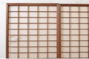 アンティーク建具　レトロな空間を演出する格子入り障子戸2枚セット(引き戸、格子戸、ガラス帯戸)(R-072550)
