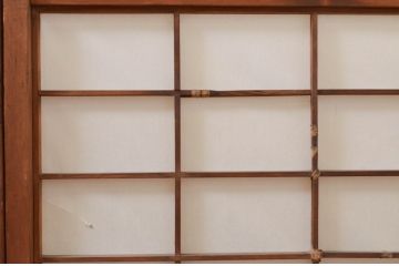 アンティーク建具　レトロな空間を演出する格子入り幅狭障子戸2枚セット(引き戸、格子戸、ガラス帯戸)(R-072553)