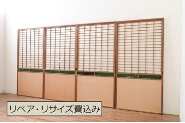 アンティーク建具　古い遊郭から出た希少な色ガラス入り障子戸4枚セット(引き戸、格子戸)(R-072554)