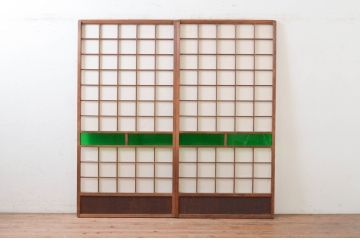 アンティーク建具　古い遊郭から出た希少な色ガラス入り障子戸2枚セット(引き戸、格子戸)(R-072555)