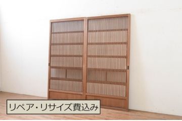 アンティーク建具　風情のある佇まいが魅力的な裏障子付き格子戸2枚セット(引き戸、障子戸、ガラス帯戸)(R-072556)