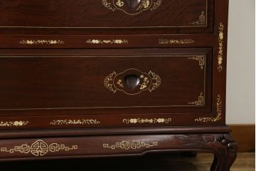 アジアンビンテージ　花梨(カリン)材　上品なデザインの象嵌入りライティングビューロー(ワークデスク、簿記机、収納棚、戸棚、在宅用、在宅ワーク用、引き出し)(R-072600)