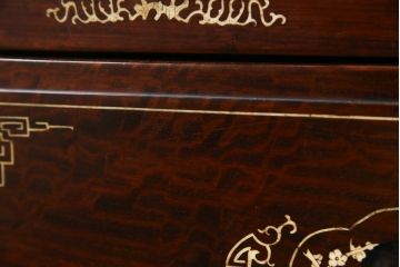 アジアンビンテージ　花梨(カリン)材　上品なデザインの象嵌入りライティングビューロー(ワークデスク、簿記机、収納棚、戸棚、在宅用、在宅ワーク用、引き出し)(R-072600)