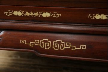 アジアンビンテージ　花梨(カリン)材　上品なデザインの象嵌入りライティングビューロー(ワークデスク、簿記机、収納棚、戸棚、在宅用、在宅ワーク用、引き出し)(R-072600)