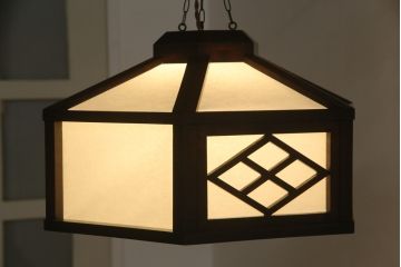 和製ビンテージ　松本民芸家具風　吉田璋也風　落ち着いた色味の木枠がアクセントの天井照明(行燈、行灯、あんどん、ペンダントライト、吊り下げ照明、ヴィンテージ)(R-072612)