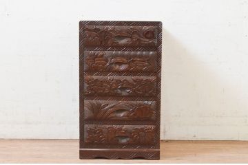 中古　日光彫り　大胆に施された花の彫りが美しい小引き出し(卓上収納、小物収納)(R-072617)