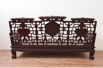 アジアンビンテージ　高級品!!　象嵌入りの凝ったデザインが魅力の唐木材製ベンチ(長椅子、長イス、花梨材、カリン材、板座チェア、3人掛けベンチ、ヴィンテージ)(R-072619)