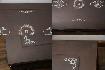 アジアンビンテージ　高級品!!　象嵌入りの凝ったデザインが魅力の唐木材製センターテーブル(リビングテーブル、ローテーブル、花梨材、カリン材、ヴィンテージ)(R-072620)