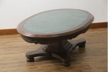 イギリスビンテージ　天板大理石が目を引くクラシカルなお部屋に取り入れたいオーバルセンターテーブル(リビングテーブル、楕円、ローテーブル、英国、ヴィンテージ)(R-072632)