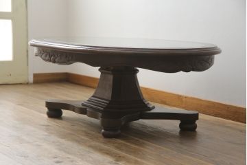 イギリスビンテージ　天板大理石が目を引くクラシカルなお部屋に取り入れたいオーバルセンターテーブル(リビングテーブル、楕円、ローテーブル、英国、ヴィンテージ)(R-072632)