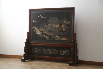 アジアンビンテージ　中国古美術　楓橋夜泊　寒山寺彫刻　清代書家彫刻　繊細な意匠が見事な衝立て(衝い立て、つい立て、間仕切り、パーテーション、ヴィンテージ)(R-072639)