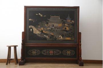 アジアンビンテージ　中国古美術　楓橋夜泊　寒山寺彫刻　清代書家彫刻　繊細な意匠が見事な衝立て(衝い立て、つい立て、間仕切り、パーテーション、ヴィンテージ)(R-072639)