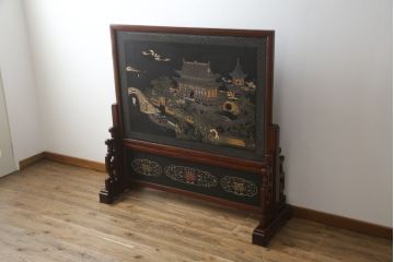 アジアンビンテージ　中国古美術　楓橋夜泊　寒山寺彫刻　清代書家彫刻　繊細な意匠が見事な衝立て(衝い立て、つい立て、間仕切り、パーテーション、ヴィンテージ)(R-072639)