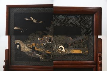 アジアンビンテージ　中国古美術　楓橋夜泊　寒山寺彫刻　清代書家彫刻　繊細な意匠が見事な衝立て(衝い立て、つい立て、間仕切り、パーテーション、ヴィンテージ)(R-072639)