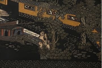 アジアンビンテージ　中国古美術　楓橋夜泊　寒山寺彫刻　清代書家彫刻　繊細な意匠が見事な衝立て(衝い立て、つい立て、間仕切り、パーテーション、ヴィンテージ)(R-072639)