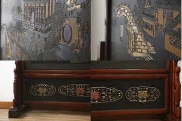 アジアンビンテージ　中国古美術　楓橋夜泊　寒山寺彫刻　清代書家彫刻　繊細な意匠が見事な衝立て(衝い立て、つい立て、間仕切り、パーテーション、ヴィンテージ)(R-072639)