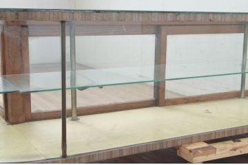 和製アンティーク　曲げガラス　懐かしい雰囲気漂う卓上L型ガラスケース(Rガラス、曲面ガラス、カウンター、ショーケース、キャビネット、飾り棚、陳列棚、店舗什器)(R-072641)