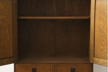 和製アンティーク　ナラ材　象嵌と透かし彫りが素敵な本箱(ブックケース、収納棚、書棚、戸棚)(R-072644)