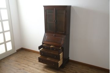 中古　美品　北海道民芸家具　上品な雰囲気漂うビューローブックケース(ライティングビューロー、簿記机、本箱、本棚、飾り棚、収納棚、戸棚、ワークデスク、在宅ワーク、在宅用)(R-072661)