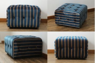 和製ビンテージ　レトロなストライプ柄の2人掛けソファとオットマンのセット(二人掛け、2P、スツール)(R-072687)