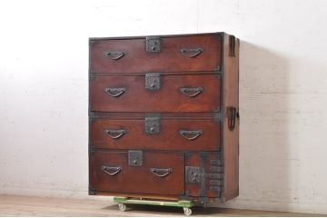 和製アンティーク　特注高級品!!　三方欅(ケヤキ)材　上杢　厚手金具　和の雰囲気を引き立てる重厚な東北衣装箪笥(時代箪笥、二本松箪笥、和タンス、衣装たんす、収納タンス、引き出し)(R-072705)