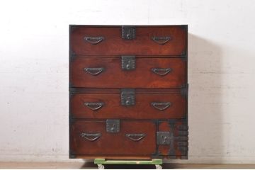 和製アンティーク　特注高級品!!　三方欅(ケヤキ)材　上杢　厚手金具　和の雰囲気を引き立てる重厚な東北衣装箪笥(時代箪笥、二本松箪笥、和タンス、衣装たんす、収納タンス、引き出し)(R-072705)