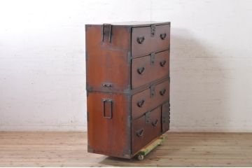 和製アンティーク　特注高級品!!　三方欅(ケヤキ)材　上杢　厚手金具　和の雰囲気を引き立てる重厚な東北衣装箪笥(時代箪笥、二本松箪笥、和タンス、衣装たんす、収納タンス、引き出し)(R-072705)