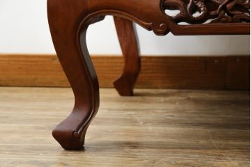 和製ビンテージ　総花梨(カリン)材　象嵌入り　凝ったデザインの彫刻が魅力のアームチェア(一人掛け、ダイニングチェア、椅子、イス、板座チェア、ヴィンテージ)(R-072754)