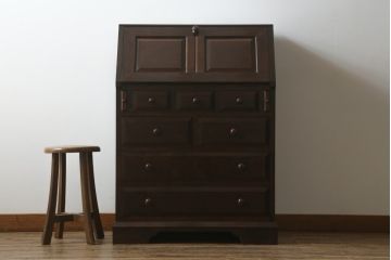 中古　美品!!　松本民芸家具　収納力たっぷり! シックな佇まいのライティングビューロー(簿記机、在宅ワーク、在宅用ワークデスク、チェスト)(R-072830)