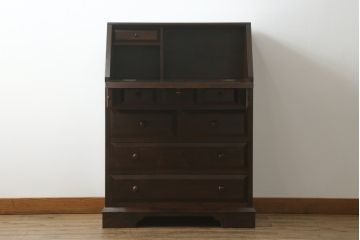 中古　美品!!　松本民芸家具　収納力たっぷり! シックな佇まいのライティングビューロー(簿記机、在宅ワーク、在宅用ワークデスク、チェスト)(R-072830)