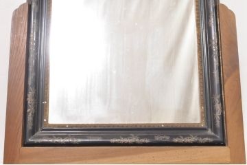 和製アンティーク　大振り!!　漆絵入り鏡と総欅(ケヤキ)スタンドの姿見(スタンドミラー、鏡)(R-072904)