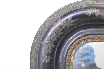 和製アンティーク　大振り!!　漆絵入り鏡と総欅(ケヤキ)スタンドの姿見(スタンドミラー、鏡)(R-072904)