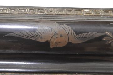 和製アンティーク　大振り!!　漆絵入り鏡と総欅(ケヤキ)スタンドの姿見(スタンドミラー、鏡)(R-072904)