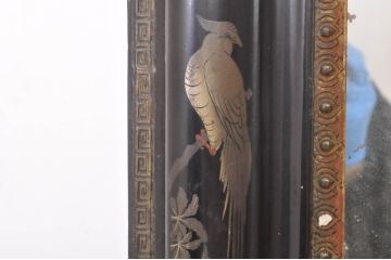 和製アンティーク　大振り!!　漆絵入り鏡と総欅(ケヤキ)スタンドの姿見(スタンドミラー、鏡)(R-072904)