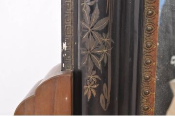和製アンティーク　大振り!!　漆絵入り鏡と総欅(ケヤキ)スタンドの姿見(スタンドミラー、鏡)(R-072904)