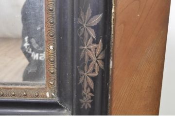 和製アンティーク　大振り!!　漆絵入り鏡と総欅(ケヤキ)スタンドの姿見(スタンドミラー、鏡)(R-072904)