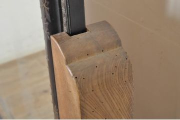 和製アンティーク　大振り!!　漆絵入り鏡と総欅(ケヤキ)スタンドの姿見(スタンドミラー、鏡)(R-072904)