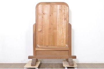 和製アンティーク　大振り!!　漆絵入り鏡と総欅(ケヤキ)スタンドの姿見(スタンドミラー、鏡)(R-072904)